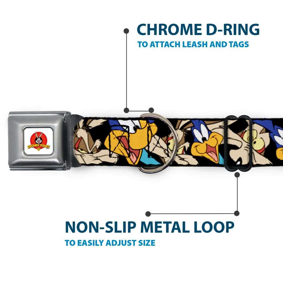 Looney Tunes Logo White Seatbelt Buckle Collar - Road Runner/Wile E. Coyote Expressions Stacked Black