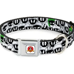 Looney Tunes Logo White Seatbelt Buckle Collar - Marvin the Martian Expressions Stacked White/Black/Green/Gold