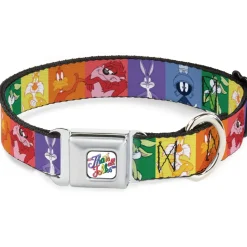 Looney Tunes THAT'S ALL FOLKS Script Full Color White/Multi Color Seatbelt Buckle Collar - Looney Tunes 6-Character Pose Pride Blocks Multi Color
