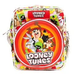 Looney Tunes Vegan Leather Crossbody Bag with Front and Back Zip Pocket, Looney Tunes Bullseye Group Pose and Character Block Poses, 8.5" x 10.0"