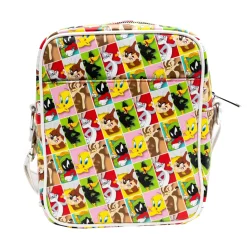 Looney Tunes Vegan Leather Crossbody Bag with Front and Back Zip Pocket, Looney Tunes Bullseye Group Pose and Character Block Poses, 8.5" x 10.0"