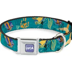LUCA Logo Full Color Lavender/White Seatbelt Buckle Collar - Luca and Alberto Sea Monsters Swimming Poses Turquoise Blues