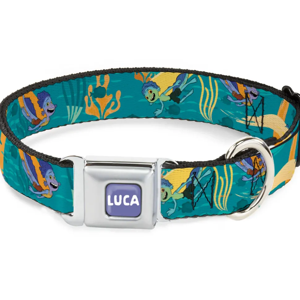 LUCA Logo Full Color Lavender/White Seatbelt Buckle Collar - Luca and Alberto Sea Monsters Swimming Poses Turquoise Blues