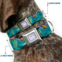LUCA Logo Full Color Lavender/White Seatbelt Buckle Collar - Luca and Alberto Sea Monsters Swimming Poses Turquoise Blues