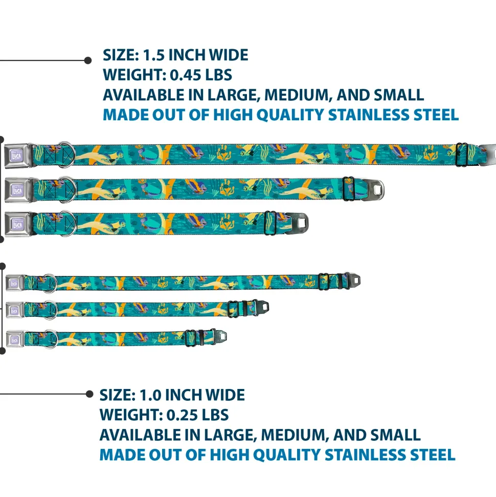 LUCA Logo Full Color Lavender/White Seatbelt Buckle Collar - Luca and Alberto Sea Monsters Swimming Poses Turquoise Blues