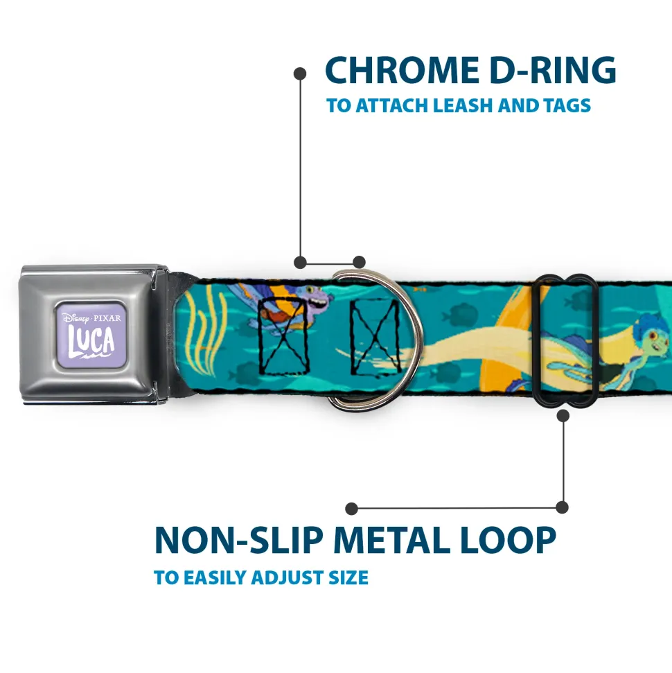 LUCA Logo Full Color Lavender/White Seatbelt Buckle Collar - Luca and Alberto Sea Monsters Swimming Poses Turquoise Blues