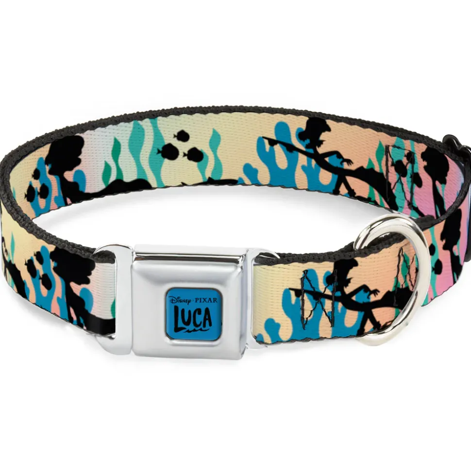 LUCA Logo Full Color Turquoise/Black Seatbelt Buckle Collar - Luca and Alberto Sea Monsters Underwater Silhouette Ombre/Black