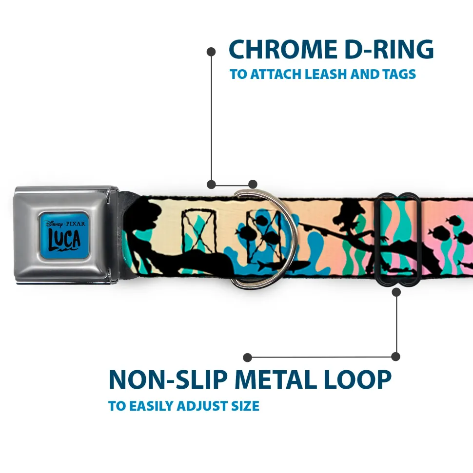 LUCA Logo Full Color Turquoise/Black Seatbelt Buckle Collar - Luca and Alberto Sea Monsters Underwater Silhouette Ombre/Black