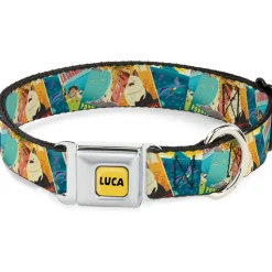 LUCA Logo Full Color Yellow/Black Seatbelt Buckle Collar - Luca The Piazza Poster Collage Stacked