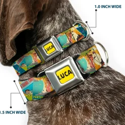 LUCA Logo Full Color Yellow/Black Seatbelt Buckle Collar - Luca The Piazza Poster Collage Stacked