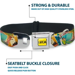 LUCA Logo Full Color Yellow/Black Seatbelt Buckle Collar - Luca The Piazza Poster Collage Stacked