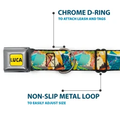 LUCA Logo Full Color Yellow/Black Seatbelt Buckle Collar - Luca The Piazza Poster Collage Stacked