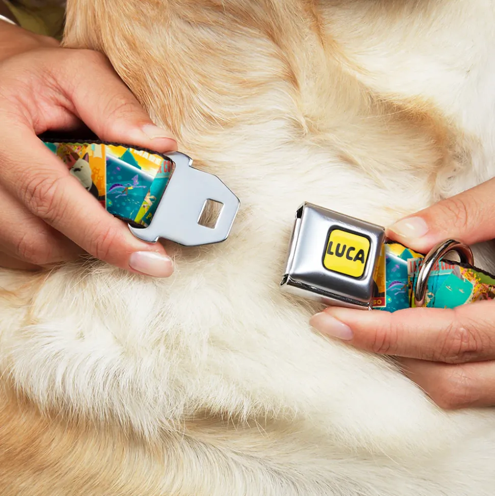 LUCA Logo Full Color Yellow/Black Seatbelt Buckle Collar - Luca The Piazza Poster Collage Stacked