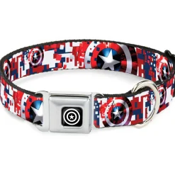 MARVEL AVENGERS Captain America Shield Black Silver Seatbelt Buckle Collar - Captain America Shield Digital Camo Blue/White/Red