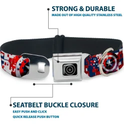 MARVEL AVENGERS Captain America Shield Black Silver Seatbelt Buckle Collar - Captain America Shield Digital Camo Blue/White/Red