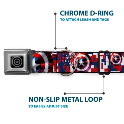 MARVEL AVENGERS Captain America Shield Black Silver Seatbelt Buckle Collar - Captain America Shield Digital Camo Blue/White/Red