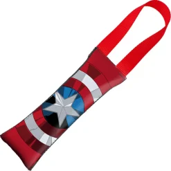 MARVEL AVENGERS Dog Toy Squeaky Tug Toy - Captain American Face + Shield Icon CLOSE-UP Red Red - Red Webbing