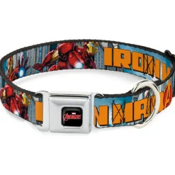 MARVEL AVENGERS Logo Full Color Black/Red/White Seatbelt Buckle Collar - IRON MAN w/Avengers Logo Cityscape