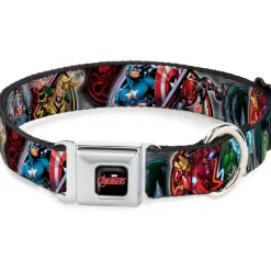 MARVEL AVENGERS Logo Full Color Black/Red/White Seatbelt Buckle Collar - Marvel Avengers Superhero/Villain Poses