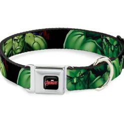 MARVEL AVENGERS Logo Full Color Black/Red/White Seatbelt Buckle Collar - Marvel Hulk CLOSE-UP Poses