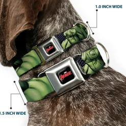 MARVEL AVENGERS Logo Full Color Black/Red/White Seatbelt Buckle Collar - Marvel Hulk CLOSE-UP Poses