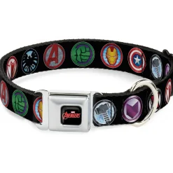 MARVEL AVENGERS MARVEL AVENGERS Logo Full Color Black Red White Seatbelt Buckle Collar - 9-Avenger Icons Black/Multi Color