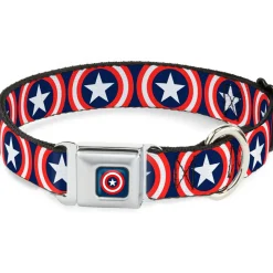 MARVEL COMICS Captain America Shield Full Color Navy Seatbelt Buckle Collar - Captain America Shield Repeat Navy