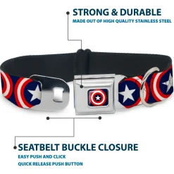 MARVEL COMICS Captain America Shield Full Color Navy Seatbelt Buckle Collar - Captain America Shield Repeat Navy