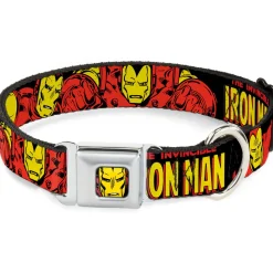 MARVEL COMICS Iron Man Face Full Color Red Yellow Seatbelt Buckle Collar - THE INVINCIBLE IRON MAN Action Poses Black/Red/Yellow