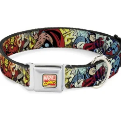 Marvel Comics Logo Full Color Seatbelt Buckle Collar - 4-Superhero Action Poses/Comic Scenes White/Black/Full Color Splatter