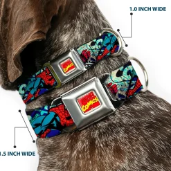 Marvel Comics Logo Full Color Seatbelt Buckle Collar - 4-Superhero Action Poses/Comic Scenes White/Black/Full Color Splatter