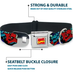 Marvel Comics Logo Full Color Seatbelt Buckle Collar - 4-Superhero Action Poses/Comic Scenes White/Black/Full Color Splatter