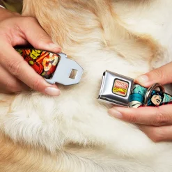 Marvel Comics Logo Full Color Seatbelt Buckle Collar - 4-Superhero Action Poses/Comic Scenes White/Black/Full Color Splatter