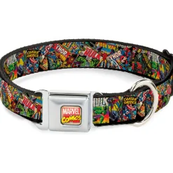 MARVEL COMICS Marvel Comics Logo Full Color Seatbelt Buckle Collar - Retro Marvel Comic Books Stacked CLOSE-UP