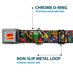 MARVEL COMICS Marvel Comics Logo Full Color Seatbelt Buckle Collar - Retro Marvel Comic Books Stacked CLOSE-UP