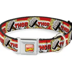 MARVEL COMICS Marvel Comics Logo Full Color Seatbelt Buckle Collar - THOR & Hammer Red/Yellow/White