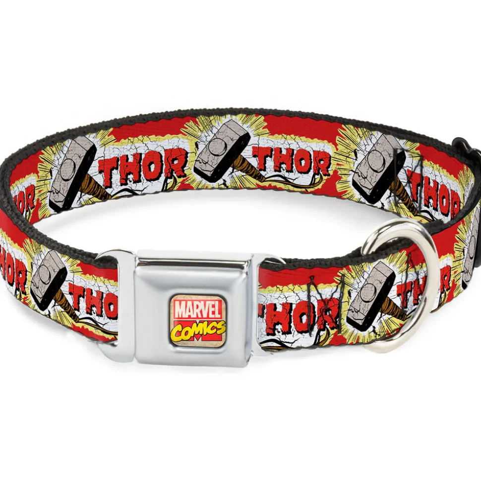 MARVEL COMICS Marvel Comics Logo Full Color Seatbelt Buckle Collar - THOR & Hammer Red/Yellow/White