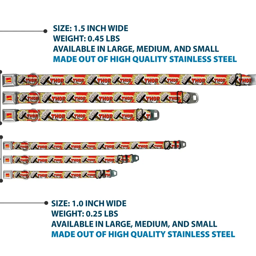 MARVEL COMICS Marvel Comics Logo Full Color Seatbelt Buckle Collar - THOR & Hammer Red/Yellow/White