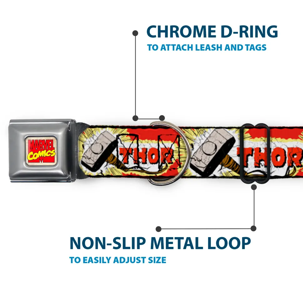 MARVEL COMICS Marvel Comics Logo Full Color Seatbelt Buckle Collar - THOR & Hammer Red/Yellow/White