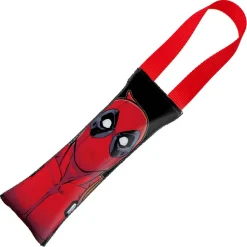 MARVEL DEADPOOL Dog Toy Squeaky Tug Toy - Deadpool Face + Deadpool Icon CLOSE-UP Black Red - Red Webbing