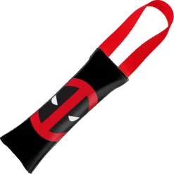 MARVEL DEADPOOL Dog Toy Squeaky Tug Toy - Deadpool Face + Deadpool Icon CLOSE-UP Black Red - Red Webbing