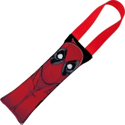 MARVEL DEADPOOLDog Toy Squeaky Tug Toy - Deadpool Face + Deadpool Logo2 Black/Red/White - RED Handle Webbing