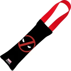 MARVEL DEADPOOLDog Toy Squeaky Tug Toy - Deadpool Face + Deadpool Logo2 Black/Red/White - RED Handle Webbing