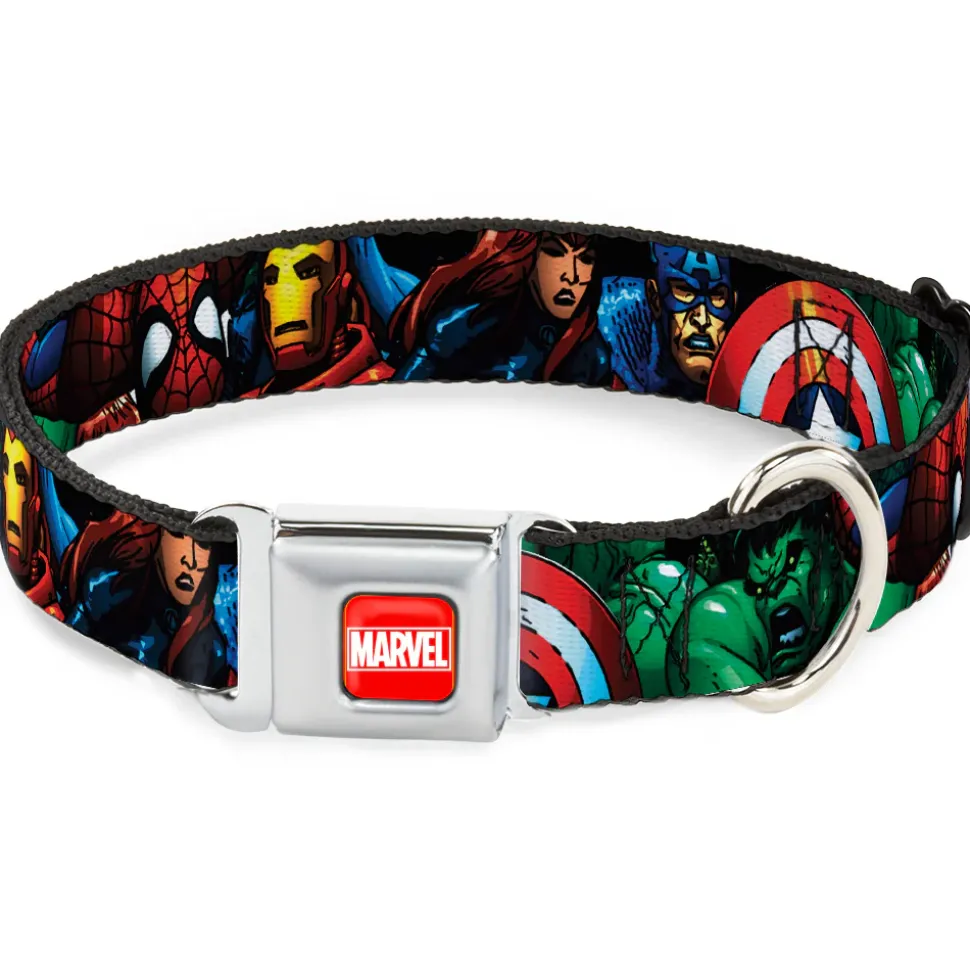 MARVEL Full Color Red/White Seatbelt Buckle Collar - Marvel Universe Superheroes Stacked
