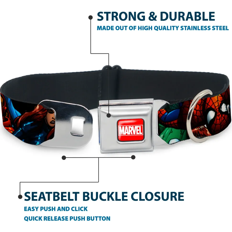 MARVEL Full Color Red/White Seatbelt Buckle Collar - Marvel Universe Superheroes Stacked