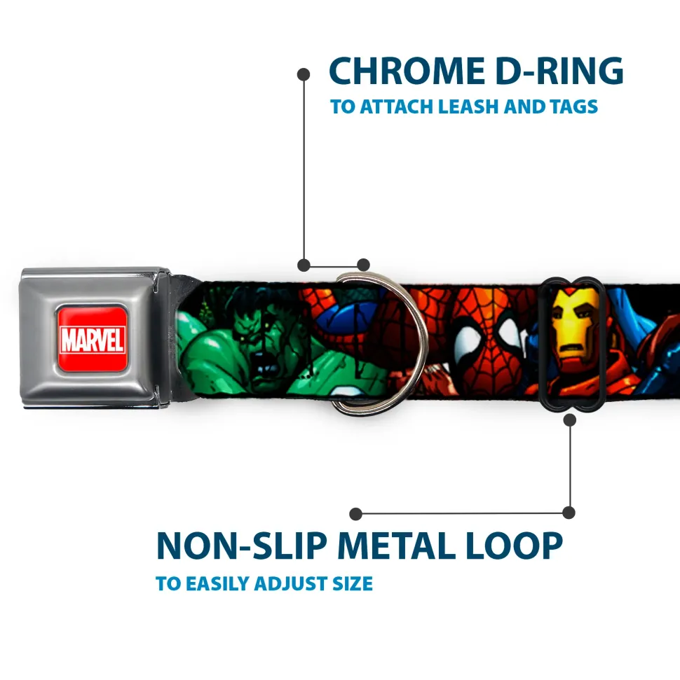MARVEL Full Color Red/White Seatbelt Buckle Collar - Marvel Universe Superheroes Stacked