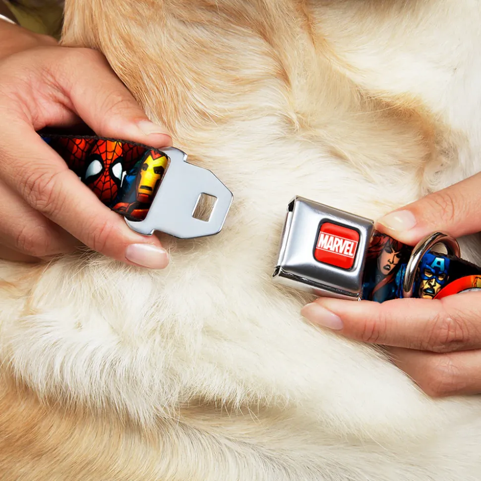 MARVEL Full Color Red/White Seatbelt Buckle Collar - Marvel Universe Superheroes Stacked