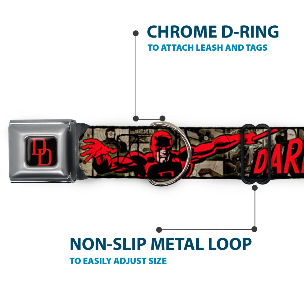 MARVEL UNIVERSE Daredevil DD Logo Full Color Black Red Seatbelt Buckle Collar - DAREDEVIL Action Poses/Comic Panels Grays/Red