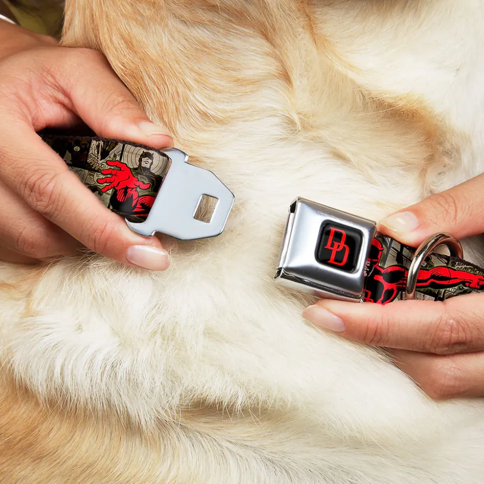 MARVEL UNIVERSE Daredevil DD Logo Full Color Black Red Seatbelt Buckle Collar - DAREDEVIL Action Poses/Comic Panels Grays/Red