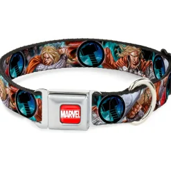 MARVEL UNIVERSE MARVEL Full Color Red White Seatbelt Buckle Collar - Astonishing Thor #3 Poses/Hammer Logo